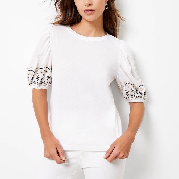 LOFT Tops - LOFT Embroidered Balloon Sleeve Top White 100% Cotton Lightweight Blouse Size MP